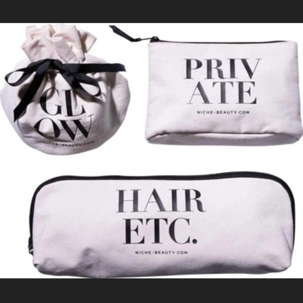 LAST CHANCE! Set of 3 Canvas Zip Pouch bags - Natural with Black Text NWT